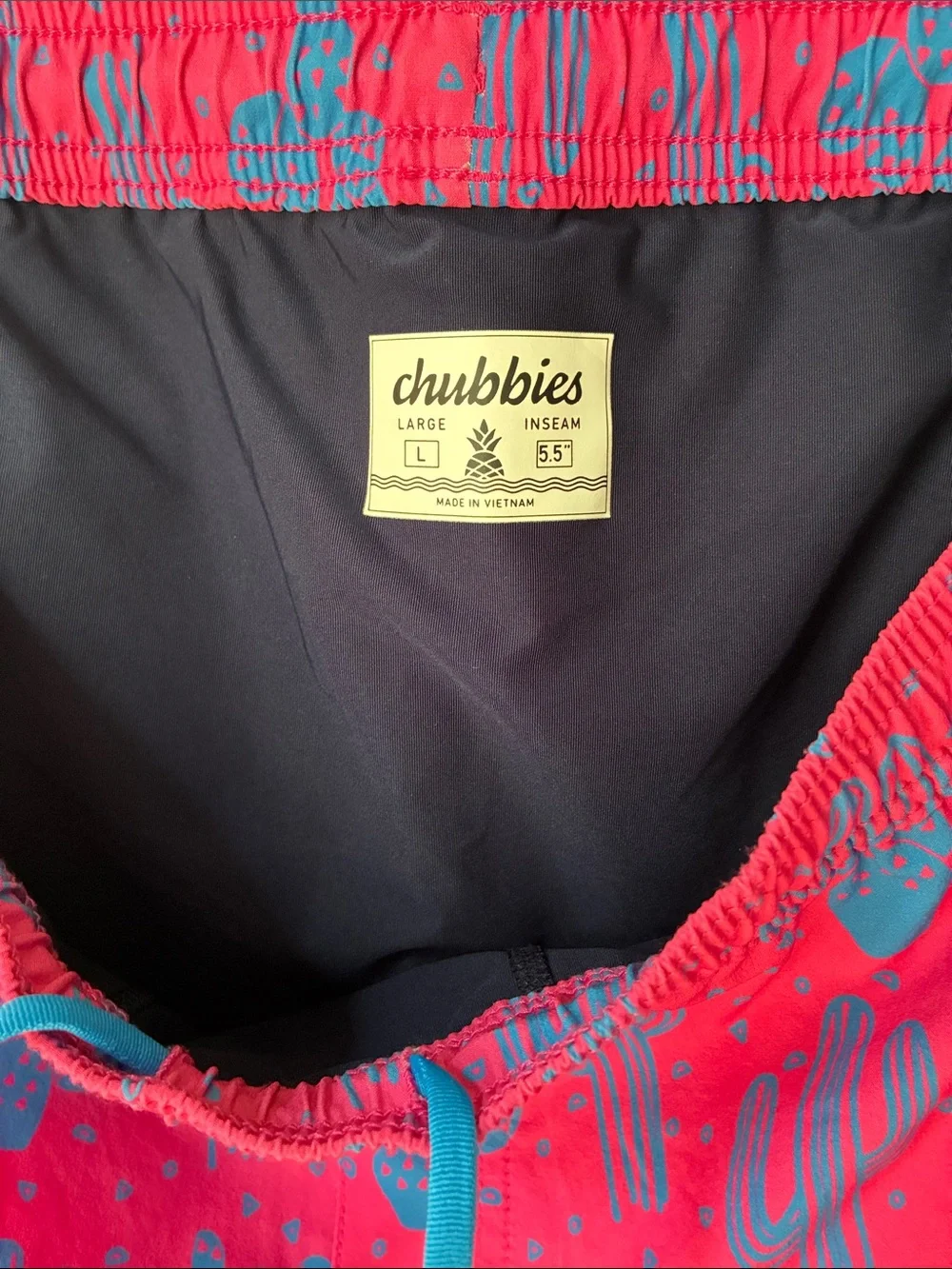 Chubbies Men's Pink Bathing Trunks with Blue Cactus Design, L